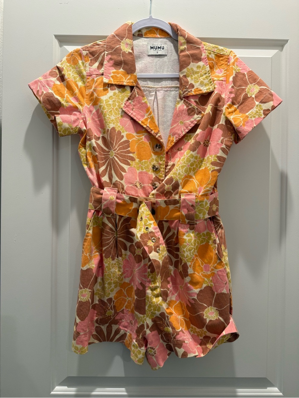 Show Me Your Mumu Retro Floral Belted Romper | Pink Orange | Size Small